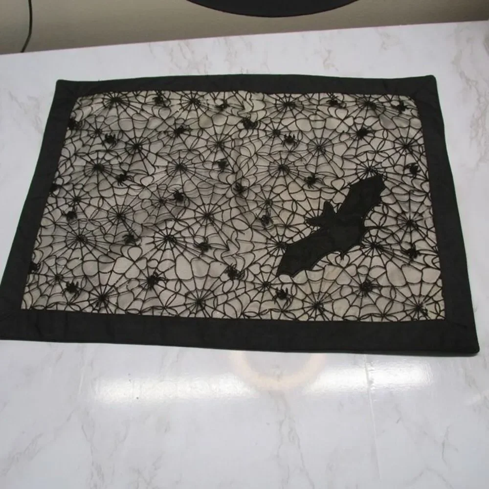 HALLOWEEN BLACK GRAY FLOCKED Bats PLACE MATS  set of 2 Glitter Spiderweb